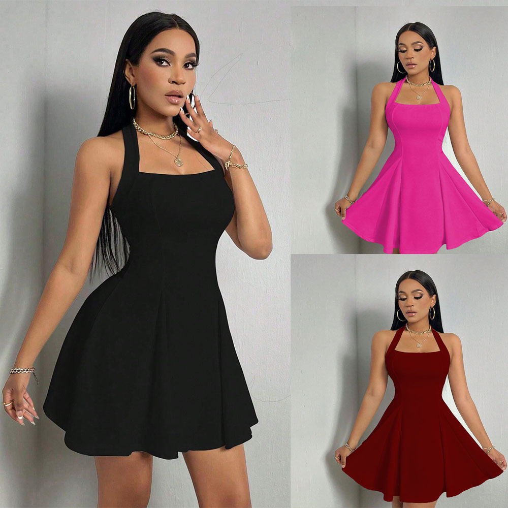 Y2K Backless Halter Mini Dress - Y2KニューウーマンセクシーホルターネックバックレスウエストスリムAラインフレアミニドレス