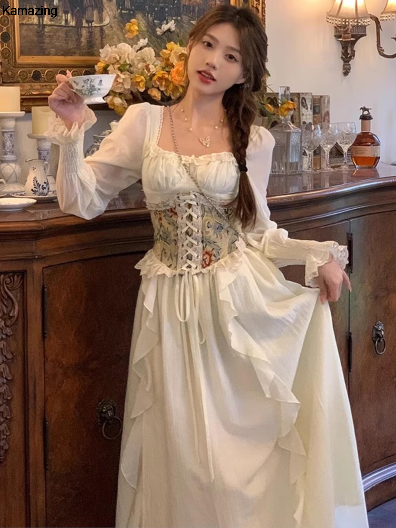 French Vintage Floral Midi Dress - 女性のためのヴィンテージのフレンチコルセット正午ドレス,エレガントなスクエアカラー,ランタンスリーブ,春と秋の服,プリンセスドレス