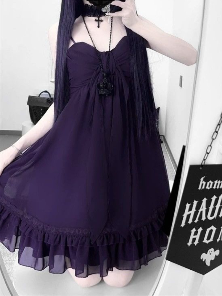 French Vintage Floral Midi Dress - ヴィンテージエレガントなホルターミディドレスシアーシフォンティアードレースフリル裾ソフトフェアリー日本のかわいいカジュアルストリートウェア衣装女性