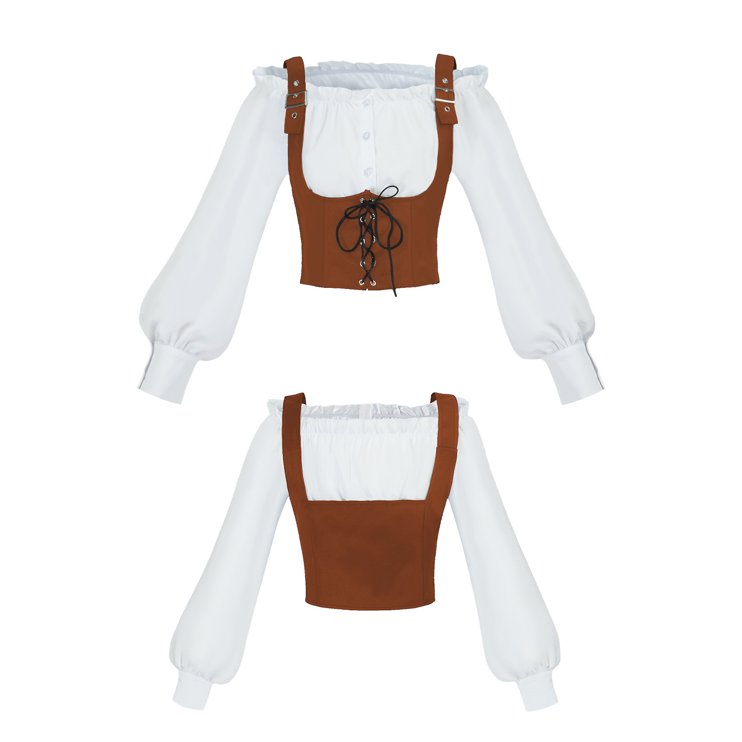 Blouses - ルネサンス風の2点セットコスチューム。オフショルダーのフリル付き長袖ブラウスと、フェイクスエードのレースアップコルセットベスト。ハロウィーンのコスプレに最適。