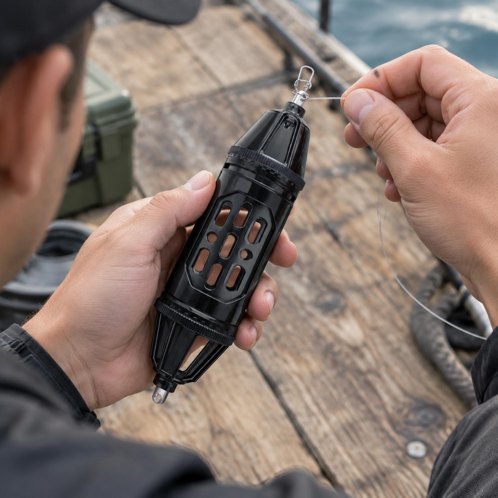 Tops - 回転式の上部操作部を備えた、頑丈なポリカーボネート製の魚釣り用ケージ。香りを放出して魚を誘引します。