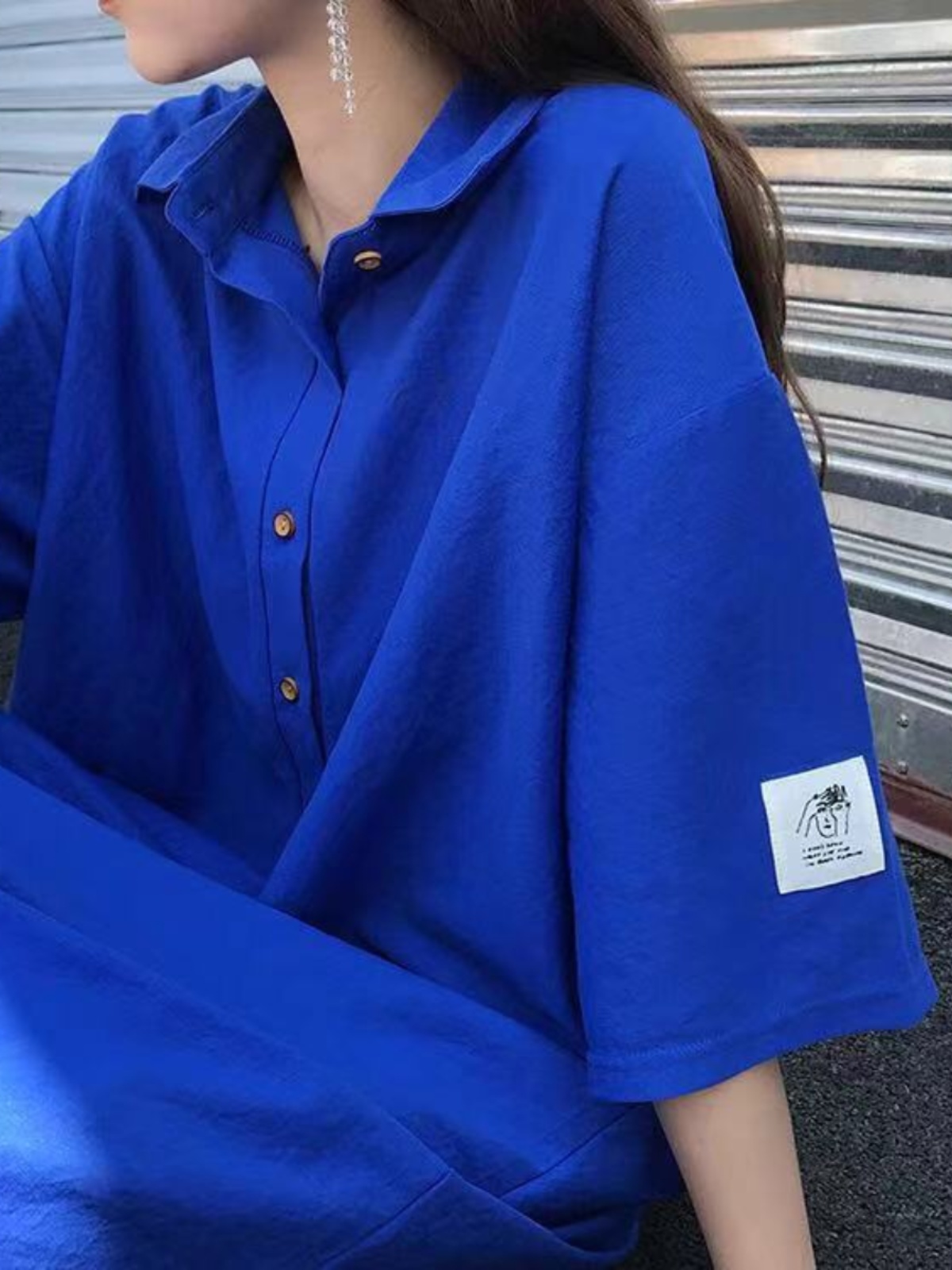Korean Style A Line Shirt Dress - プラスサイズのシャツドレス痩身お腹カバーミッドレングスブルー半袖ポロ襟Aライン韓国スタイルの女性のサマードレス