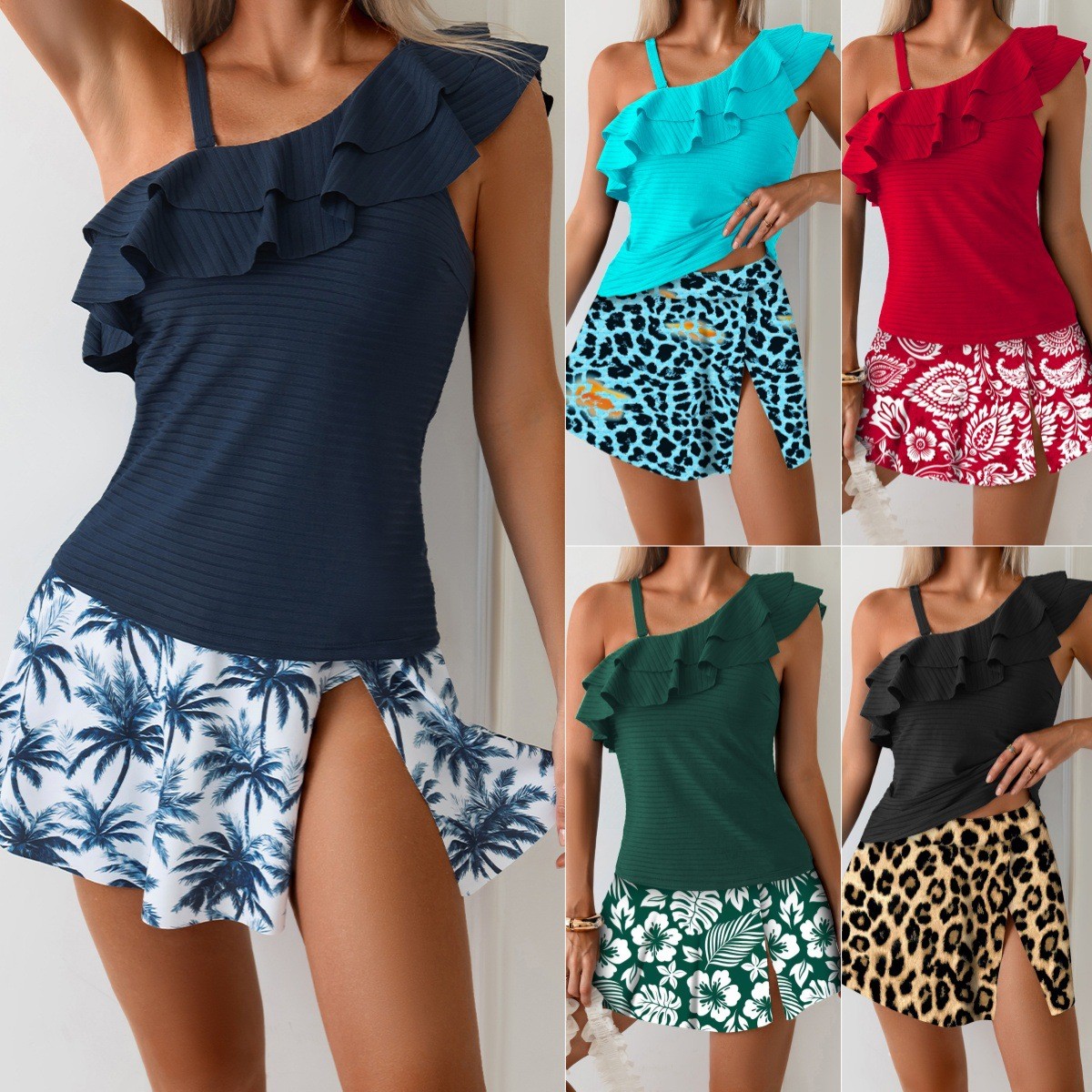 Skirts - 女性用タンキニ水着 ノースリーブクロップトップ フリルトリム リブ生地 タンキニセット レオパード柄