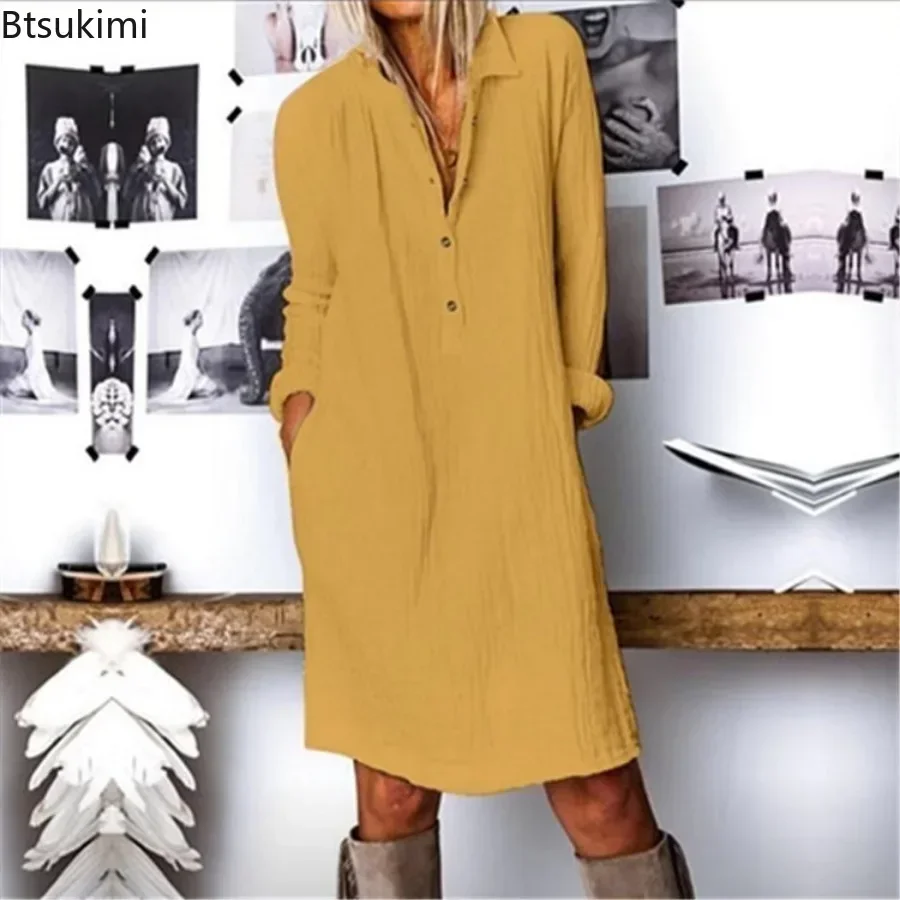 Casual Loose Linen Shirt Dress - 2026年、ゆったりとしたシルエットのコットンリネン素材のカジュアルドレス。無地で、前半分がボタンで開閉できるデザイン。襟付きシャツドレス。エレガントなパーティーやビーチに最適な女性用ドレス。