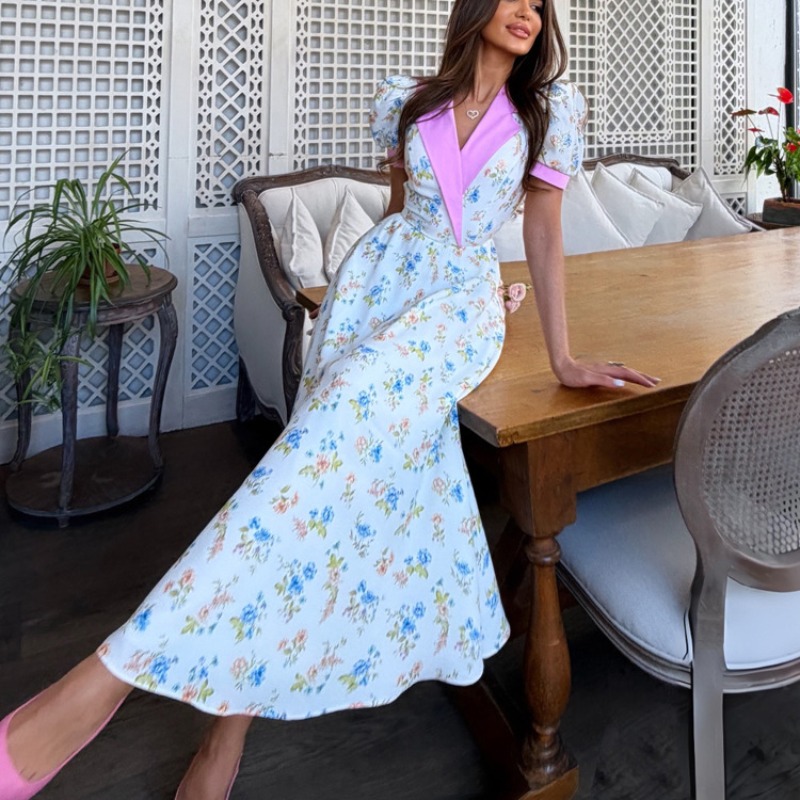 French Vintage Floral Midi Dress - エレガントな2026年夏花柄プリントコルセットミディドレス、ヴィンテージフレンチスタイル、カラーブロック、ラペル、パフスリーブ、Aライン、パーティーカジュアルドレス