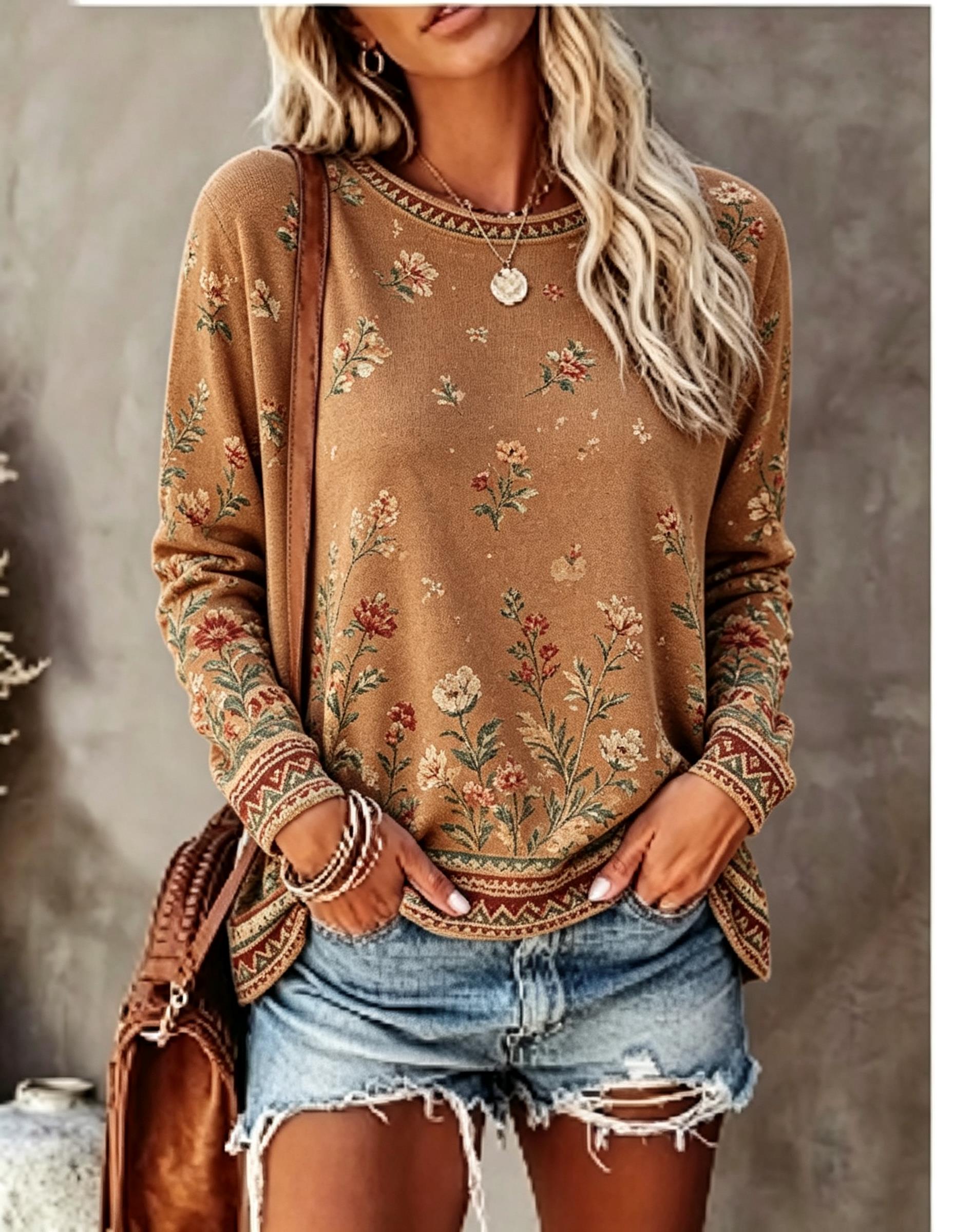 Blouses - レディースクルーネック長袖Tシャツ、ヴィンテージフローラルローズプリントカジュアルルーズプルオーバートップス
