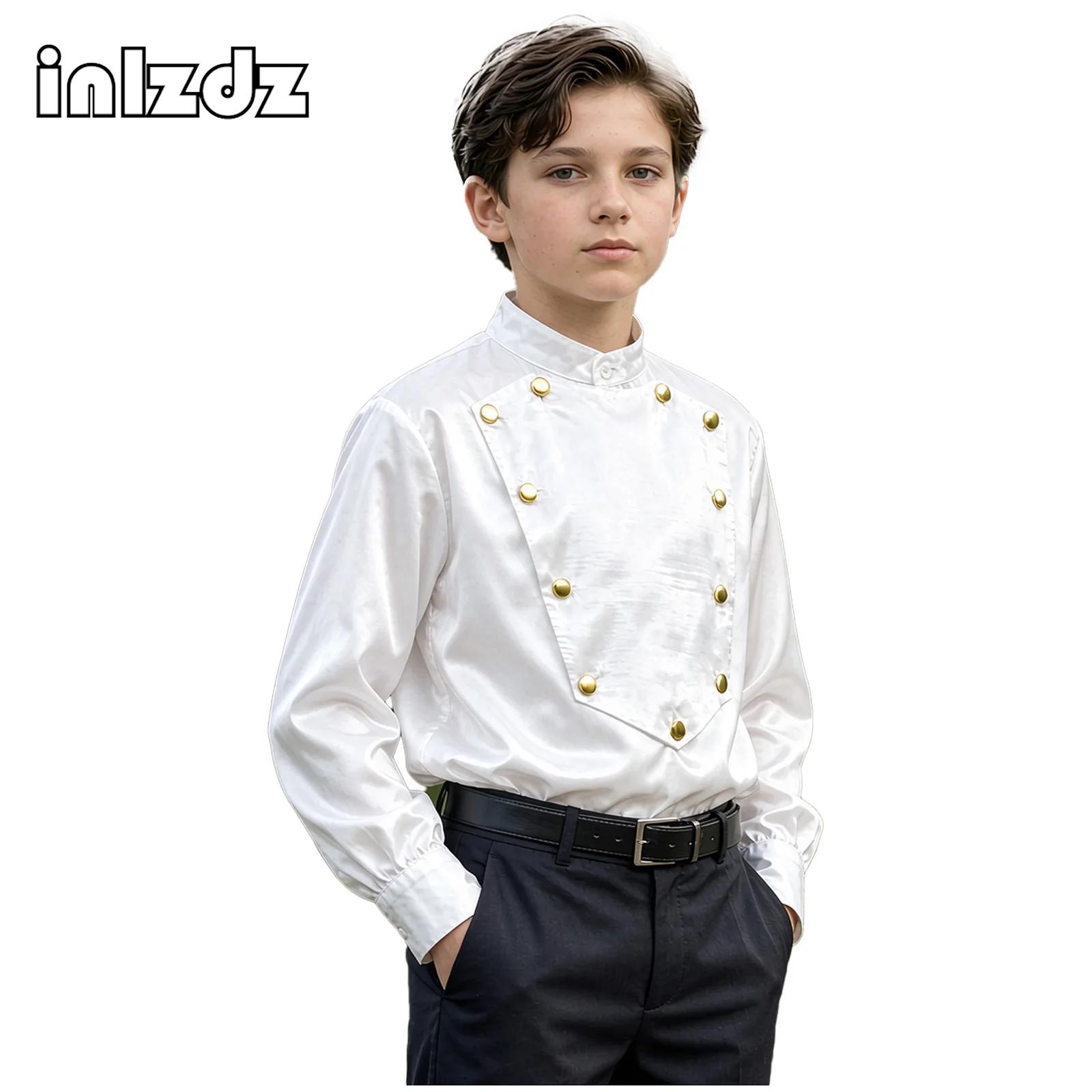 Tops - 男の子向け、中世ルネサンス風、ヴィンテージサテンシャツ、ハロウィーン、ヴァンパイアコスプレ衣装、ビクトリア朝風、フォーマルパーティー、長袖シャツ、トップス。