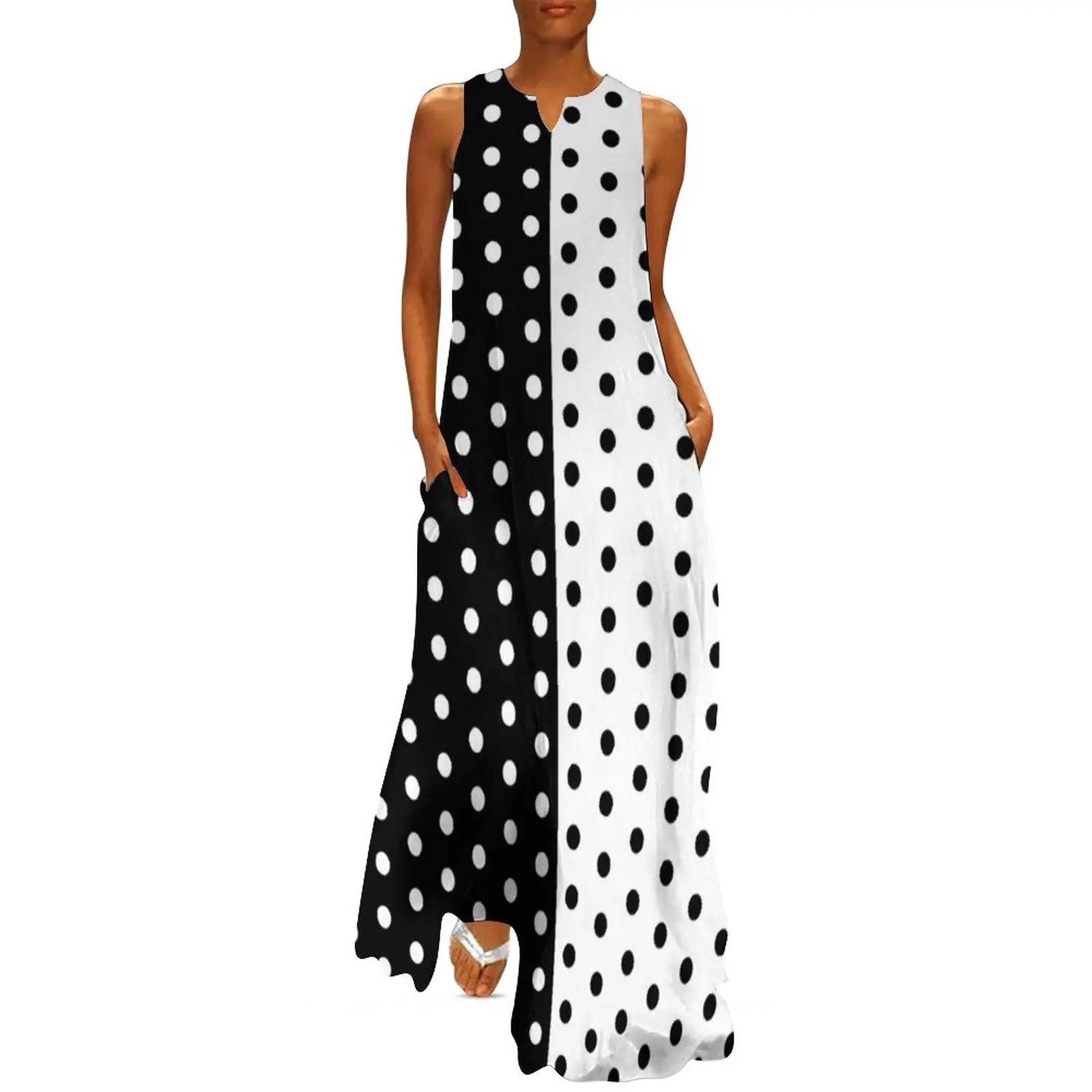 Boho Summer Beach Maxi Dress - レトロなツートーンドレス,春,黒,白,水玉模様,自由奔放に生きるスタイル,ビーチ,ロング,ヴィンテージ,マキシ,サマードレス