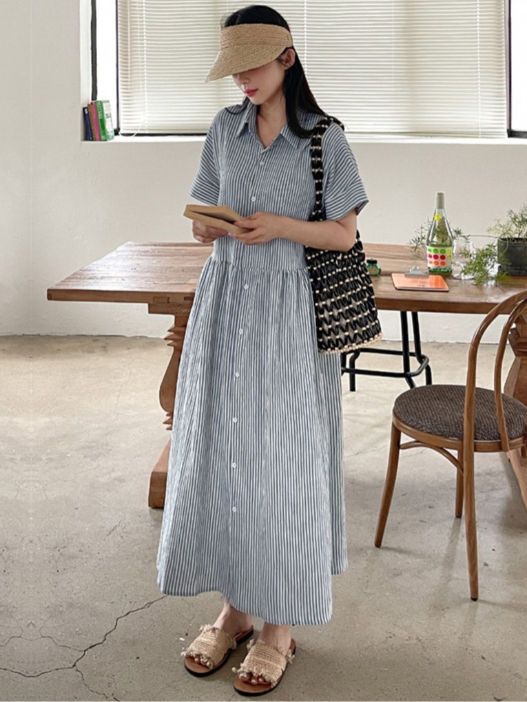 レトロ韓国風スリムフィットストライプシャツワンピースカジュア - Korean Style A Line Shirt Dress のレビューと価格