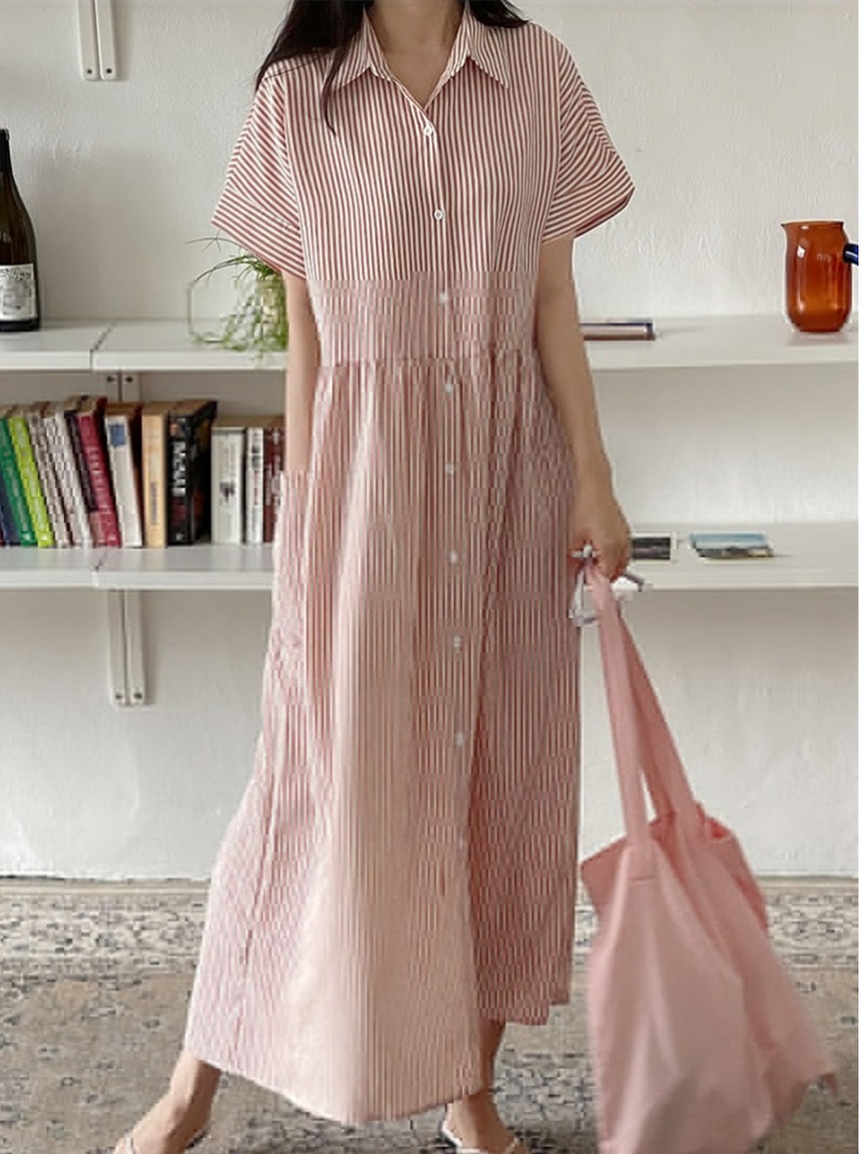 レトロ韓国風スリムフィットストライプシャツワンピースカジュア - Korean Style A Line Shirt Dress のレビューと価格