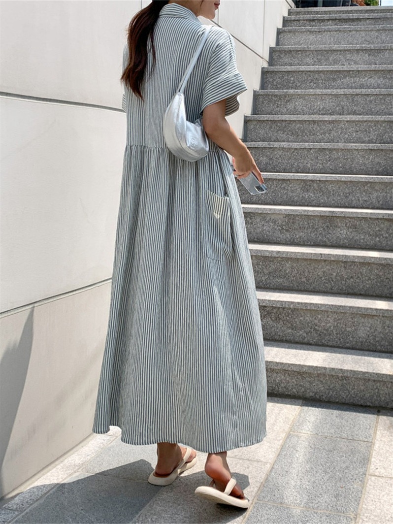 レトロ韓国風スリムフィットストライプシャツワンピースカジュア - Korean Style A Line Shirt Dress のレビューと価格