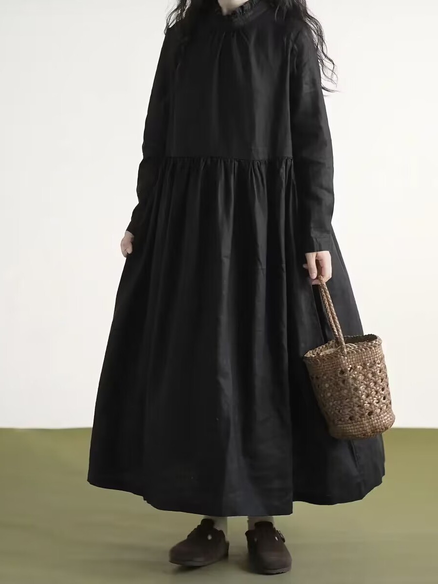黒レース襟長袖リネンドレス女性の秋の新スタイル痩身芸術的なス - Casual Loose Linen Shirt Dress のレビューと価格