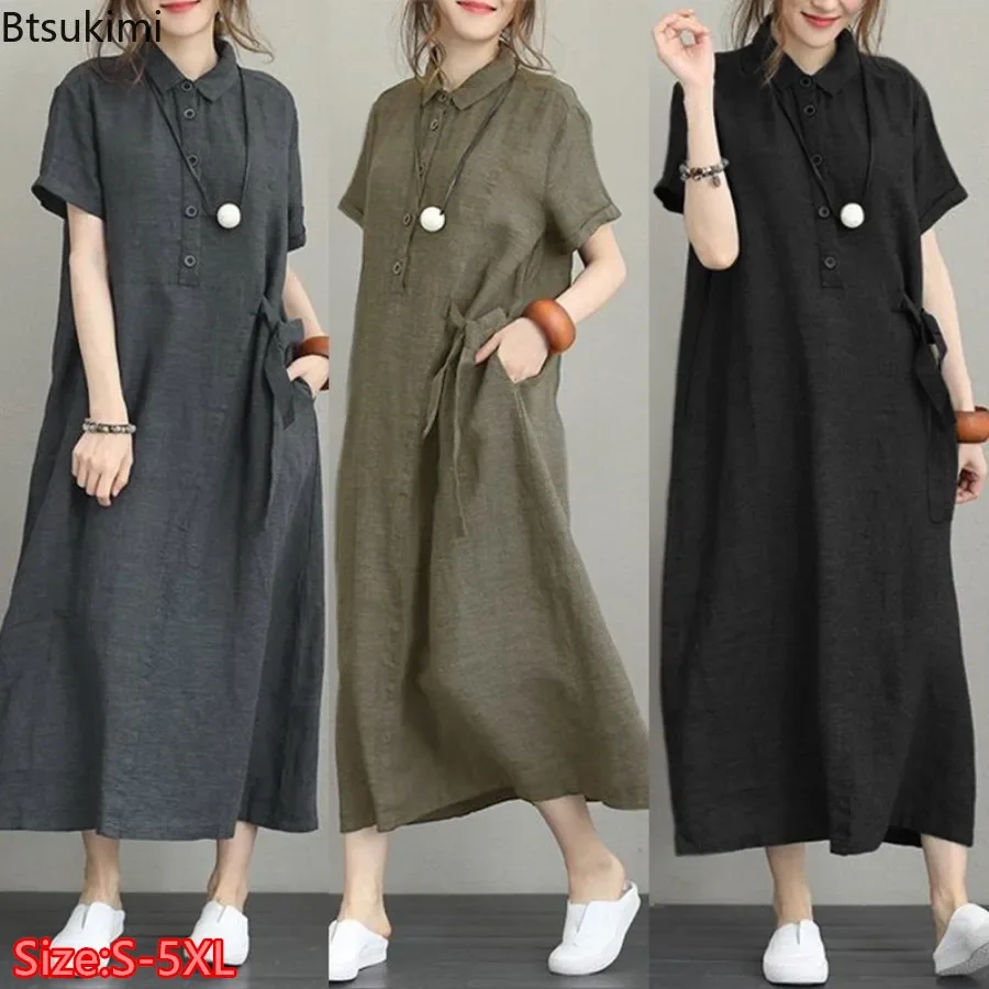2026 夏ドレスシンプルなヴィンテージコットンリネンロング - Casual Loose Linen Shirt Dress のレビューと価格