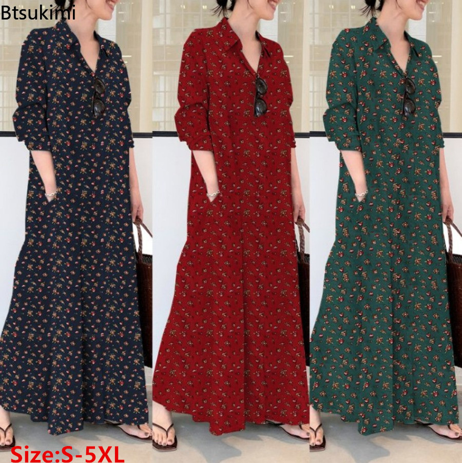 レディースプリントロングスタイルシャツワンピース 快適なコッ - Casual Loose Linen Shirt Dress のレビューと価格