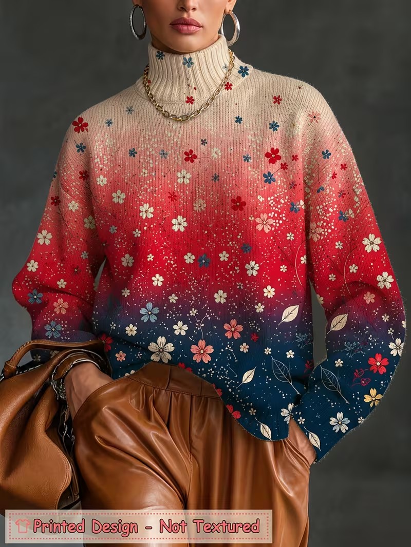 レディース タートルネック Tシャツ グラデーションの花柄プ - Blouses のレビューと価格