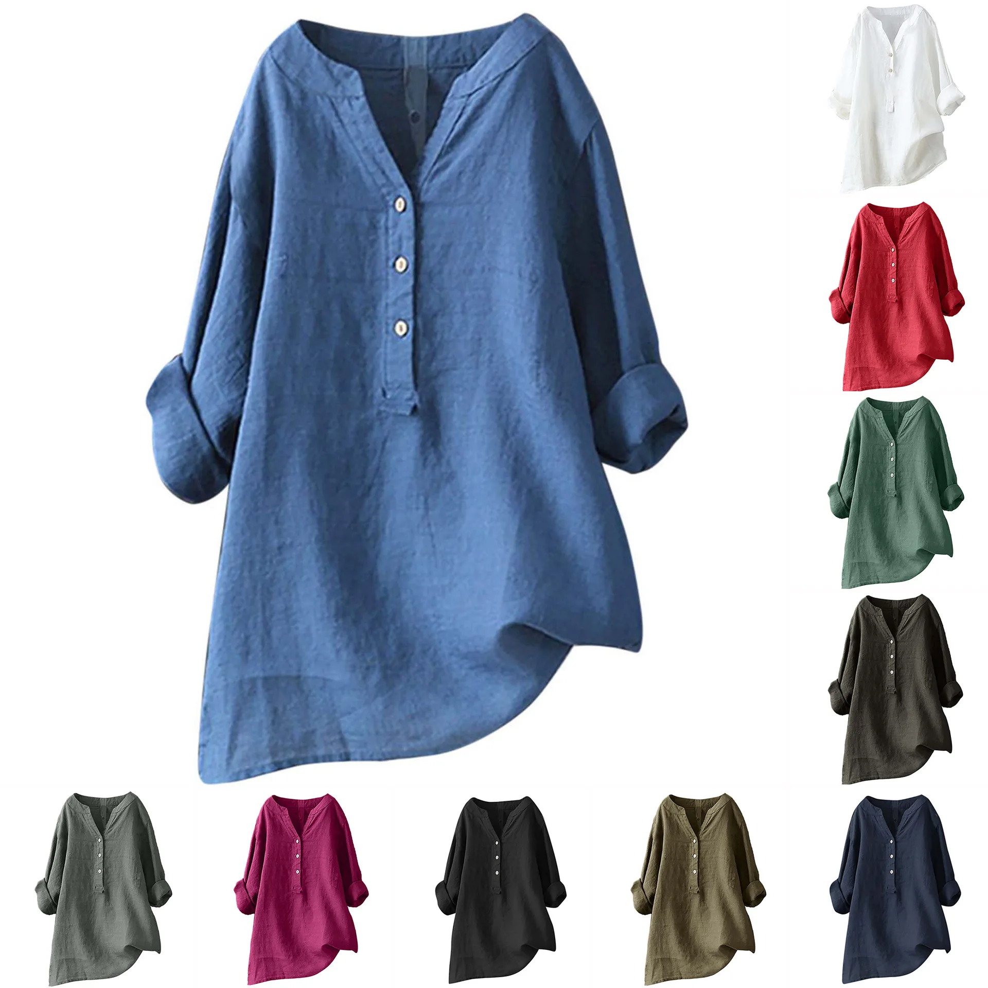 ユニセックス、レディース、メンズ、コットンリネン素材のブラウ - Casual Loose Linen Shirt Dress のレビューと価格