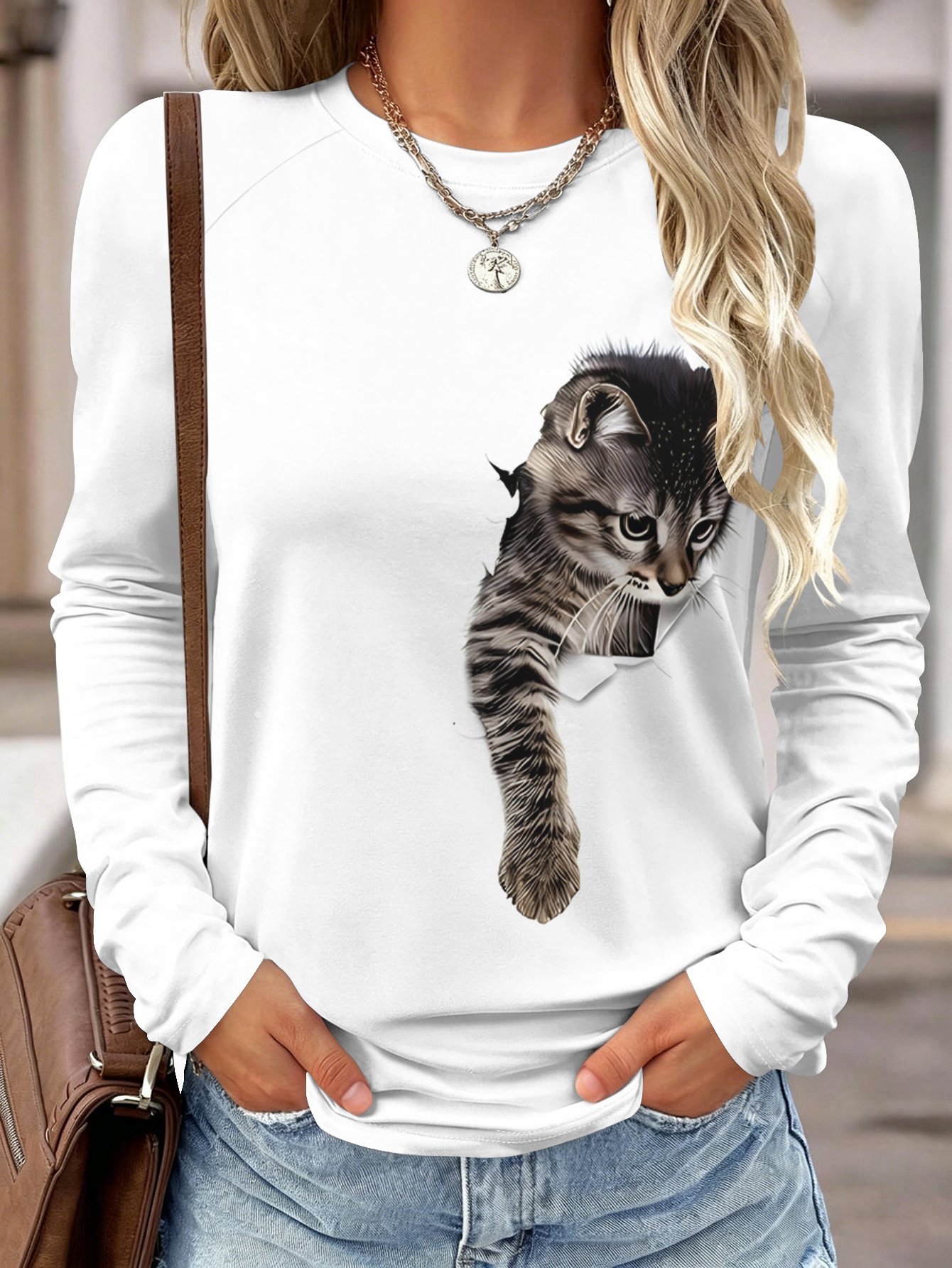 レディース 長袖シャツ ポケット付き 猫の3Dプリント ラウ - Blouses のレビューと価格