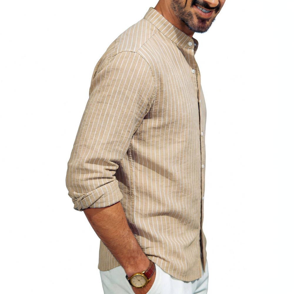 メンズ スタンドカラー リネンシャツ 長袖 縦縞模様 ゆった - Casual Loose Linen Shirt Dress のレビューと価格