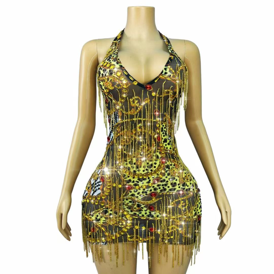 キラキラ輝くゴールドラインストーンチェーン付きボディコンミニ - Sparkly Rhinestone Club Party Dress のレビューと価格