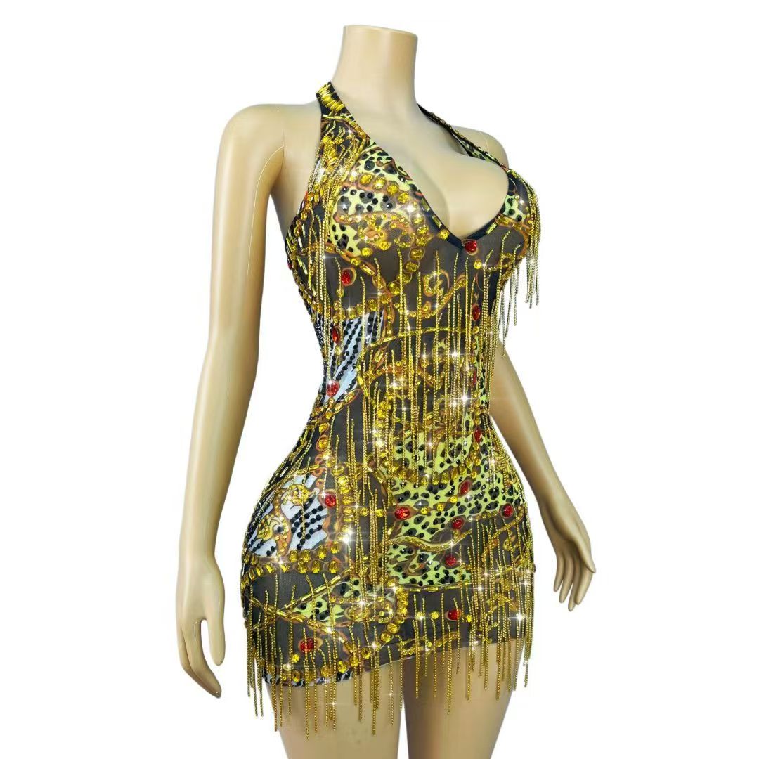 キラキラ輝くゴールドラインストーンチェーン付きボディコンミニ - Sparkly Rhinestone Club Party Dress のレビューと価格