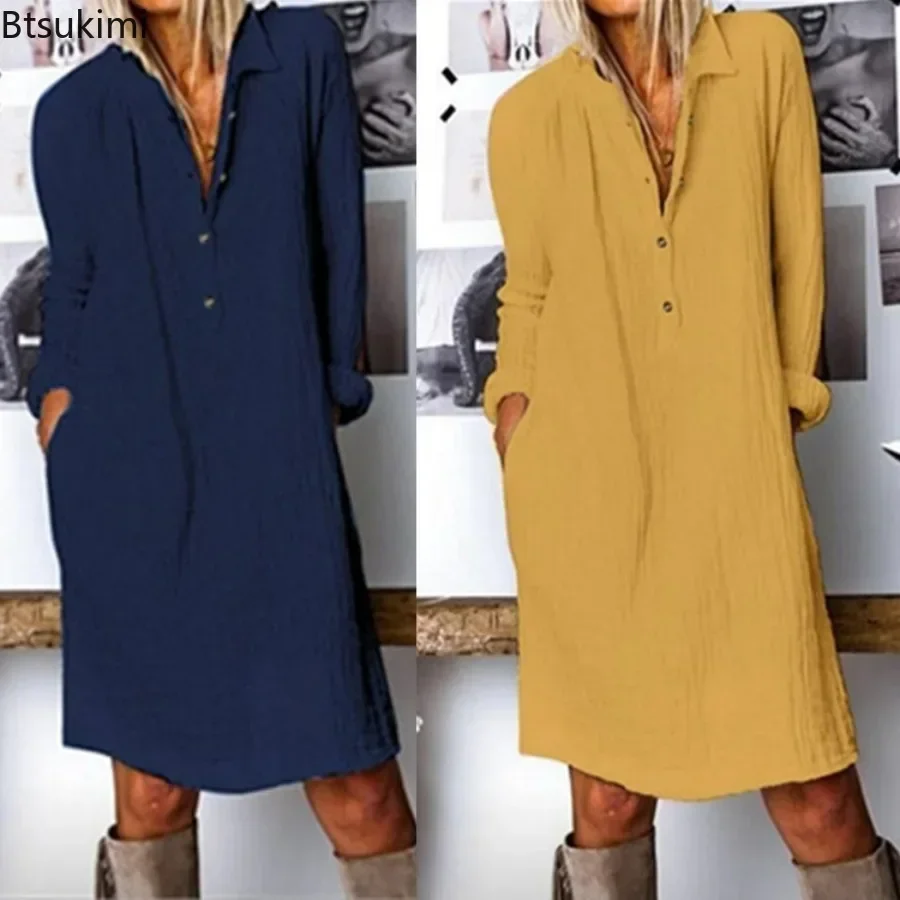 2026年、ゆったりとしたシルエットのコットンリネン素材のカ - Casual Loose Linen Shirt Dress のレビューと価格