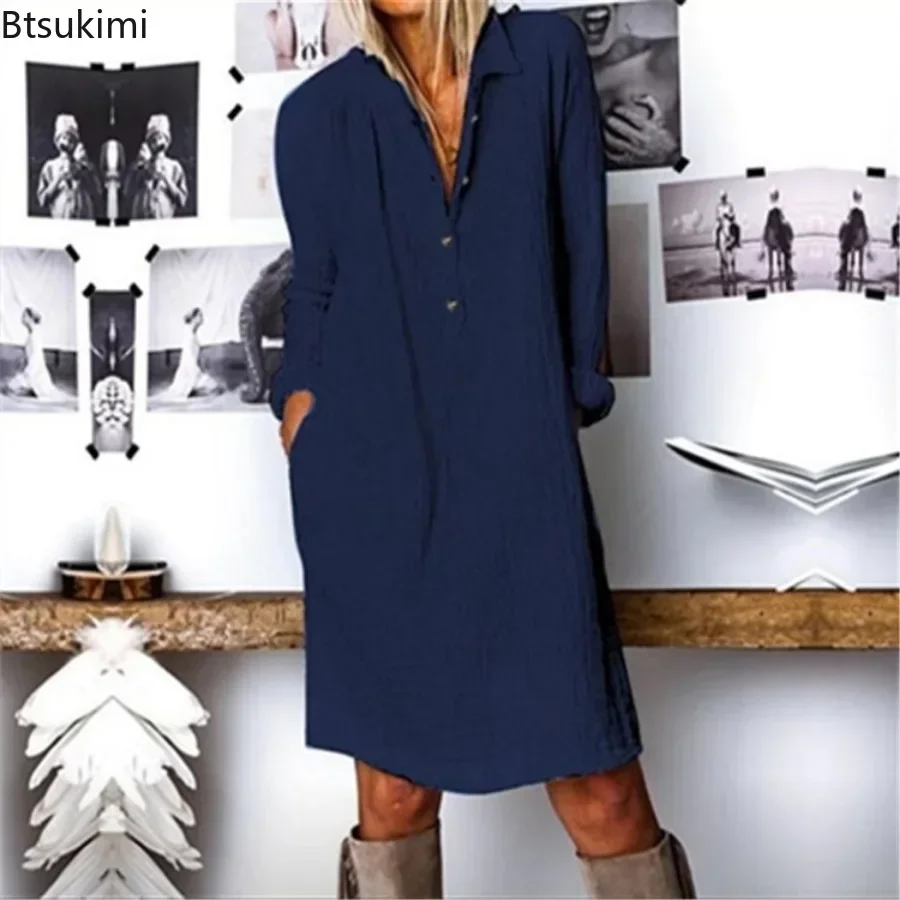 2026年、ゆったりとしたシルエットのコットンリネン素材のカ - Casual Loose Linen Shirt Dress のレビューと価格