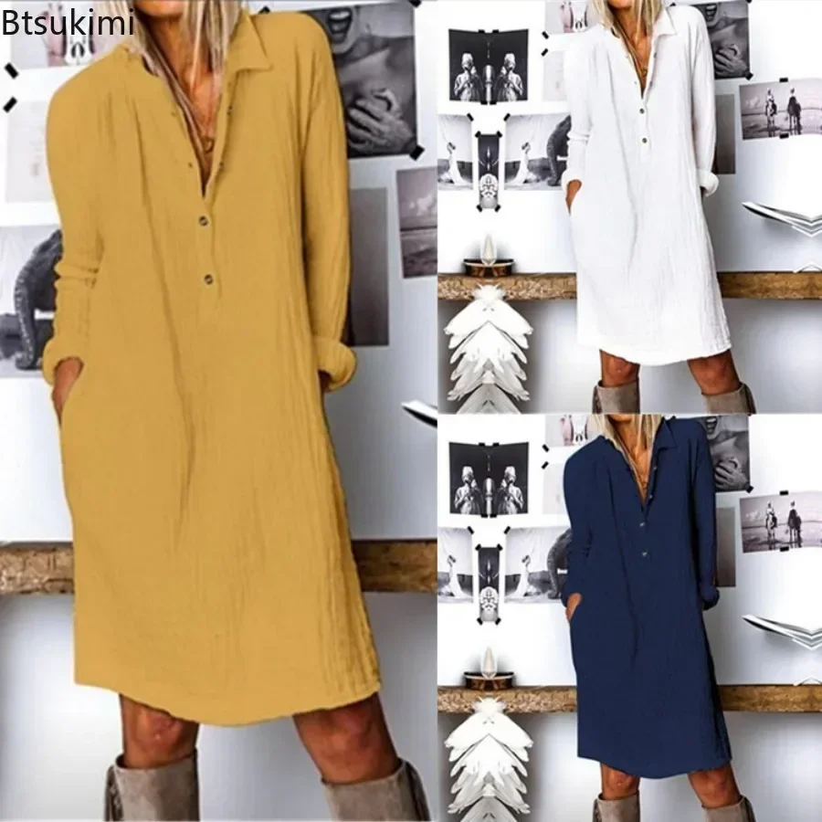 2026年、ゆったりとしたシルエットのコットンリネン素材のカ - Casual Loose Linen Shirt Dress のレビューと価格