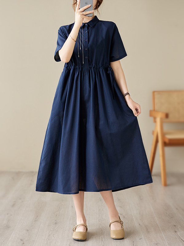 カジュアルコットンリネン刺繍入りワンピース レディース半袖ゆ - Casual Loose Linen Shirt Dress のレビューと価格