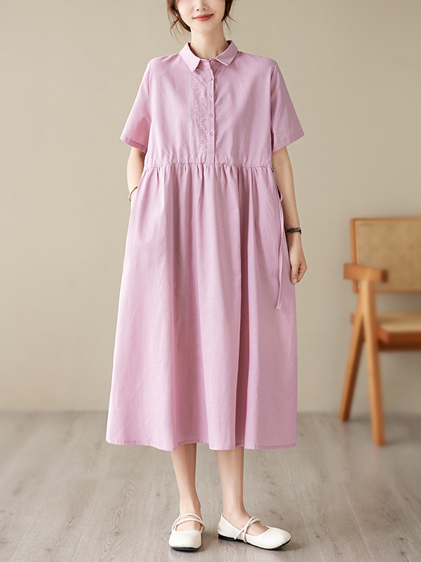 カジュアルコットンリネン刺繍入りワンピース レディース半袖ゆ - Casual Loose Linen Shirt Dress のレビューと価格