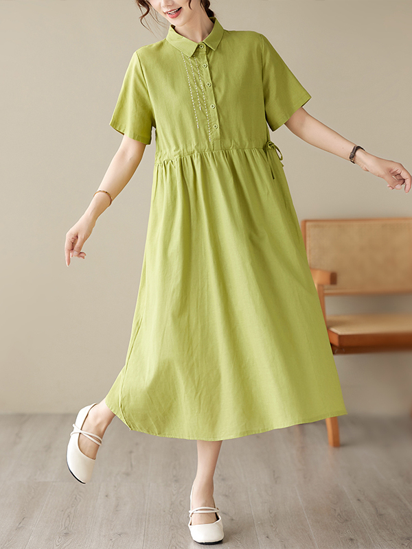カジュアルコットンリネン刺繍入りワンピース レディース半袖ゆ - Casual Loose Linen Shirt Dress のレビューと価格