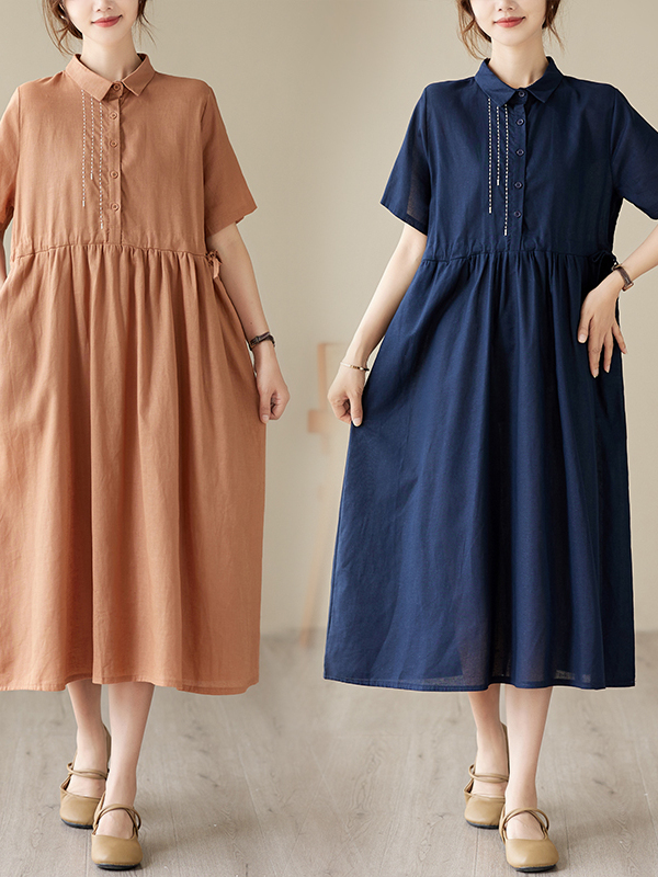 カジュアルコットンリネン刺繍入りワンピース レディース半袖ゆ - Casual Loose Linen Shirt Dress のレビューと価格