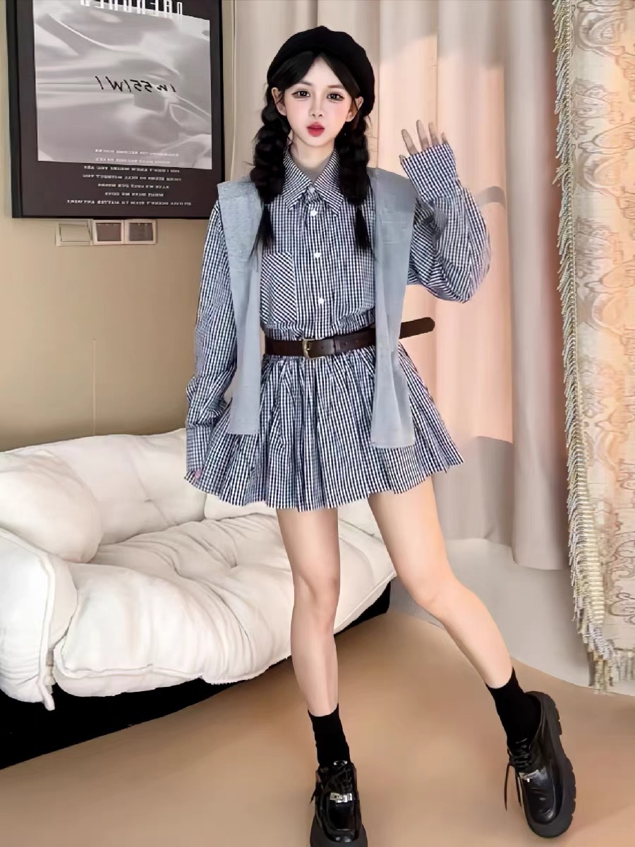 初秋の韓国風シャツドレス ヴィンテージチェック柄スカート ス - Korean Style A Line Shirt Dress のレビューと価格