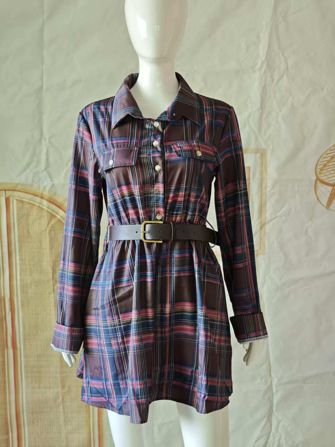 レディースシャツ、布製ポケット、ベルト、ボタン、ターンダウン - Casual Loose Linen Shirt Dress のレビューと価格
