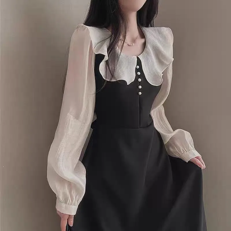 長袖ドレス女性フレンチヴィンテージフリルパッチワークミッドレ - French Vintage Floral Midi Dress のレビューと価格