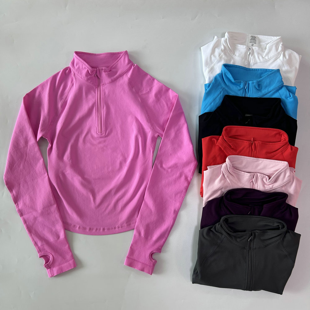 ロゴなしヨガジャケットハーフジップシャツ女性長袖スポーツトッ - Blouses のレビューと価格